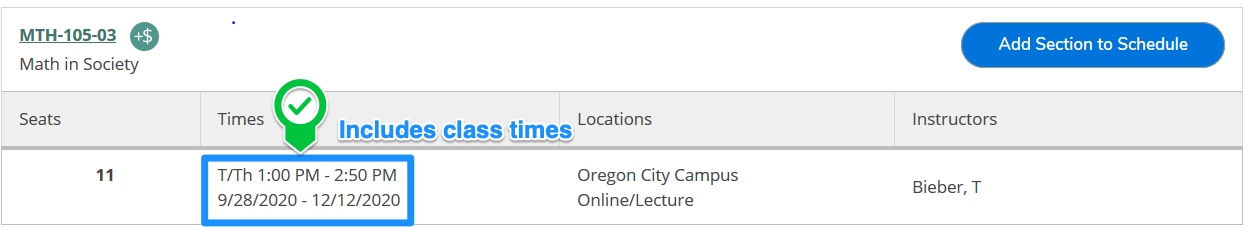 CCC Synchronous Classes View of Math in Society class that's synchronous with the term dates and class times highlighted.