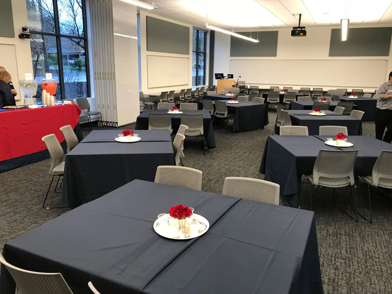 Decorated tables and centerpieces in Harmony Campus community room