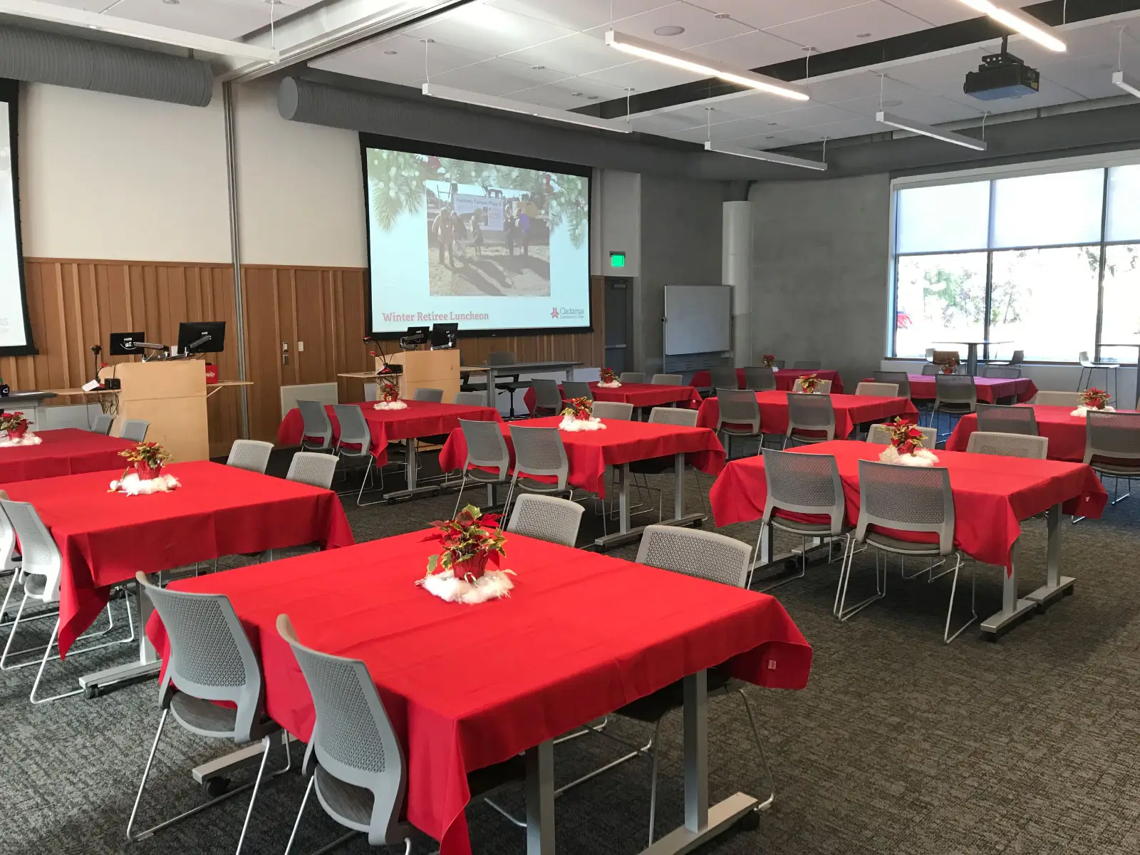 Decorated tables and centerpieces in Harmony Campus community room Decorated tables and centerpieces in Harmony Campus community room