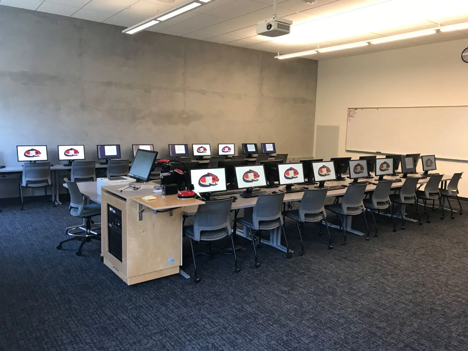 Rows of computers lining the middle and wall of a Harmony campus computer lab