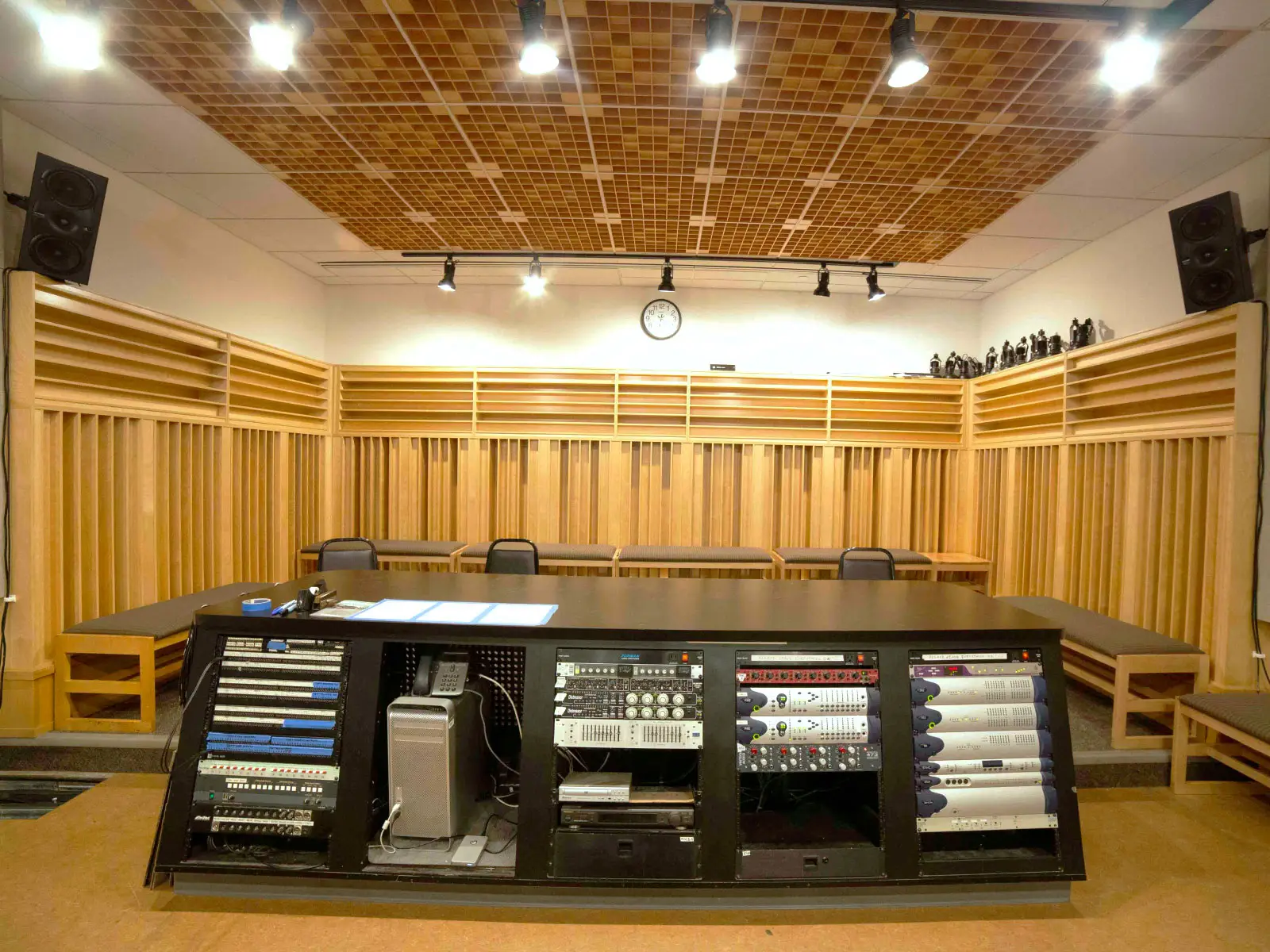 Recording equipment in a studio with speakers, computer and various hardware in Niemeyer Center at the Oregon City campus Recording equipment in a studio with speakers, computer and various hardware in Niemeyer Center at the Oregon City campus