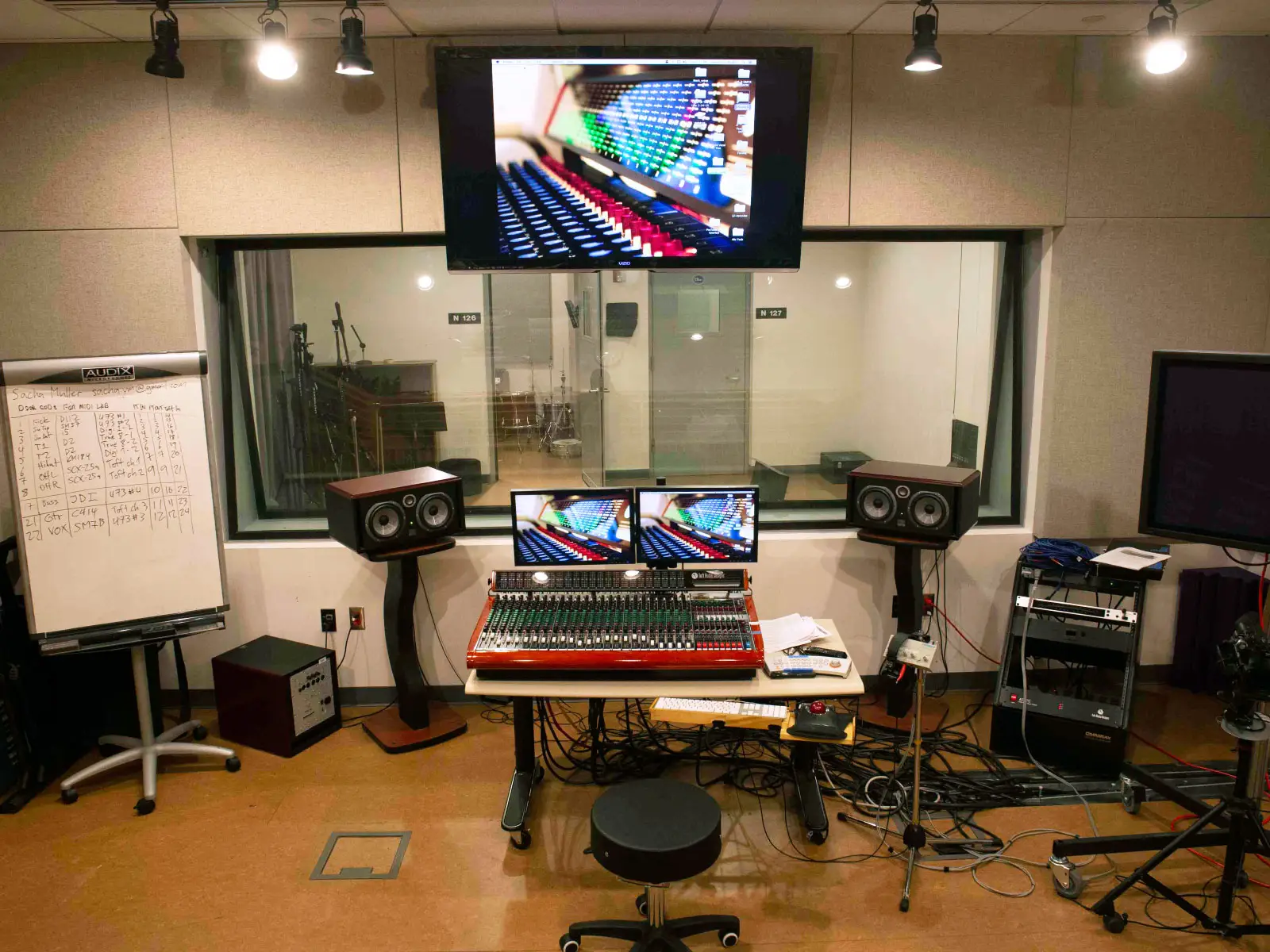 Recording studio equipment in control room with heads-up TV display in the Niemeyer Center at the Oregon City campus Recording studio equipment in control room with heads-up TV display in the Niemeyer Center at the Oregon City campus