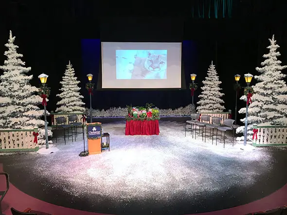The McLoughlin theater decorated for Christmas, with snow, trees, podium and display in Niemeyer Center The McLoughlin theater decorated for Christmas, with snow, trees, podium and display in Niemeyer Center
