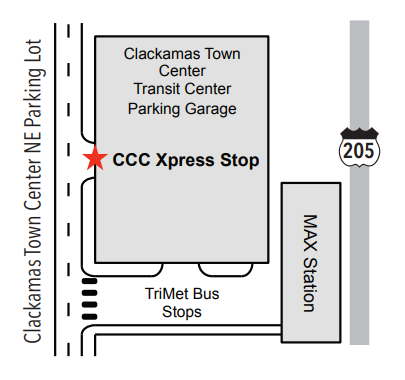 Small map of the Clackamas Town Center Transit Center Parking Garage, with a red star next to the road labeled 